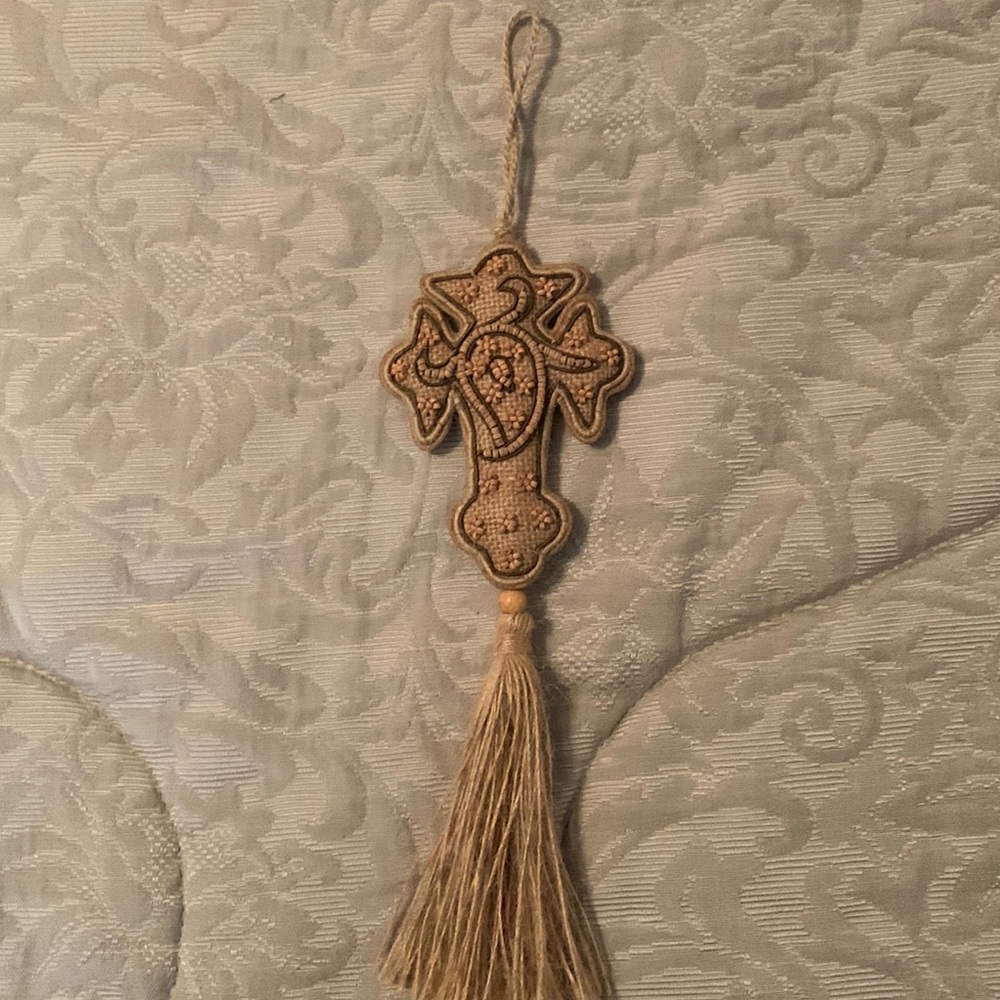 Burlap beaded cross with tassel-new-never used!